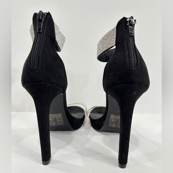 Qupid Black Suede Rhinestone High Heel Sandals - Picture 4 of 11